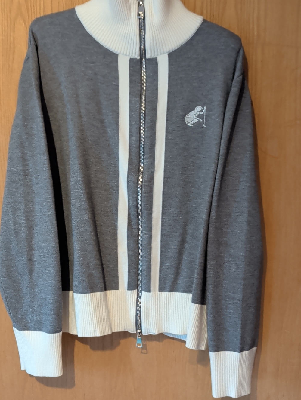 Grey Zip-Front Crew Sweater with White Trim